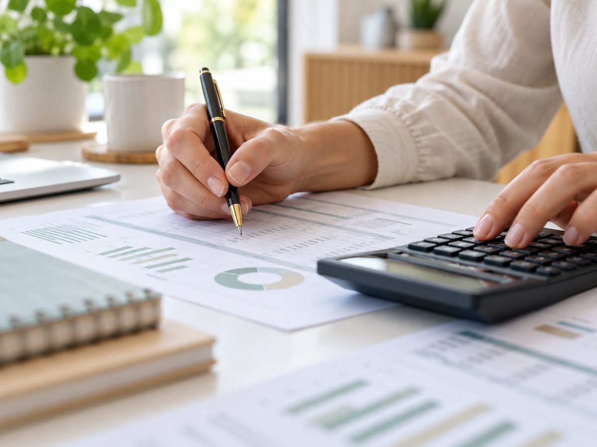 Boekhouding met rekenmachine en financiële stukken